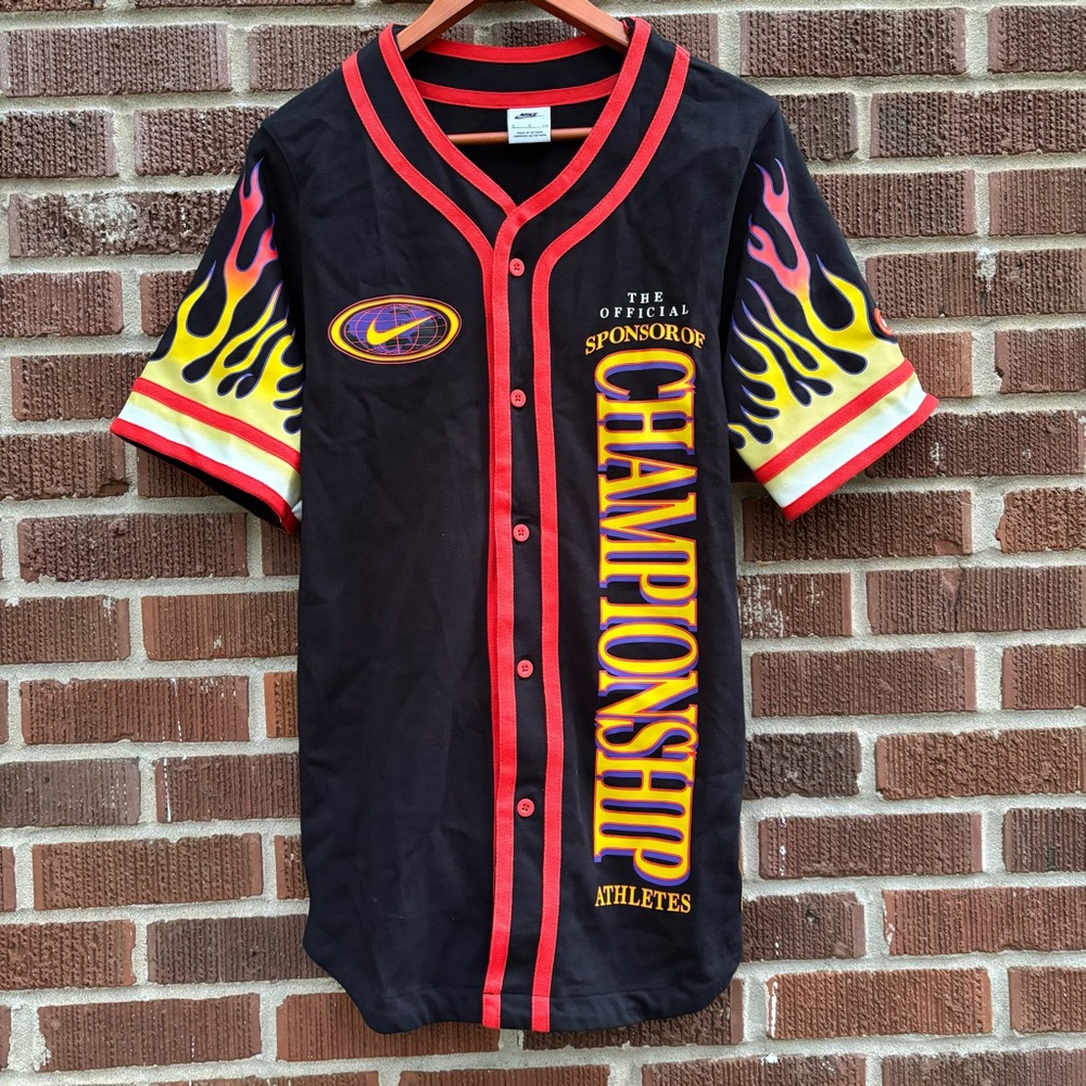 Nike Baseball Button Shirt Flames Championship Men's S MSRP $85 DV9642-010
